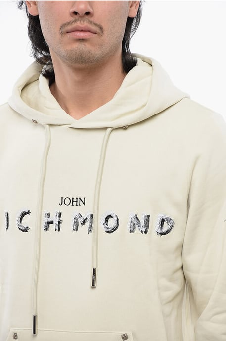 Hoodie aus gebürsteter Baumwolle mit gesticktem Logo in Beige - Image 3