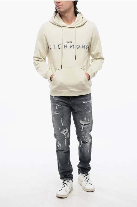 Hoodie aus gebürsteter Baumwolle mit gesticktem Logo in Beige - Image 4