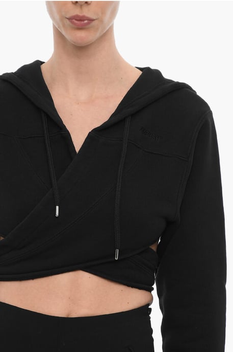 Einfarbiger, kurzer Hoodie zum Wickeln in der Taille in Schwarz - Image 3