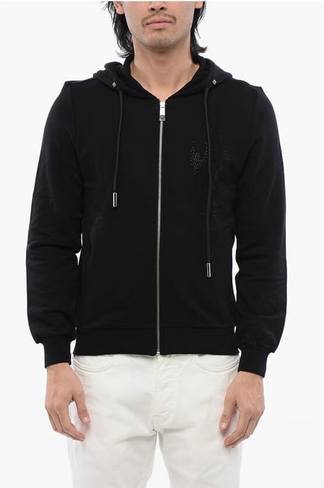 Kapuzenpullover aus gebürsteter Baumwolle mit Reißverschluss und Strass-Tribal in Schwarz - Image 1
