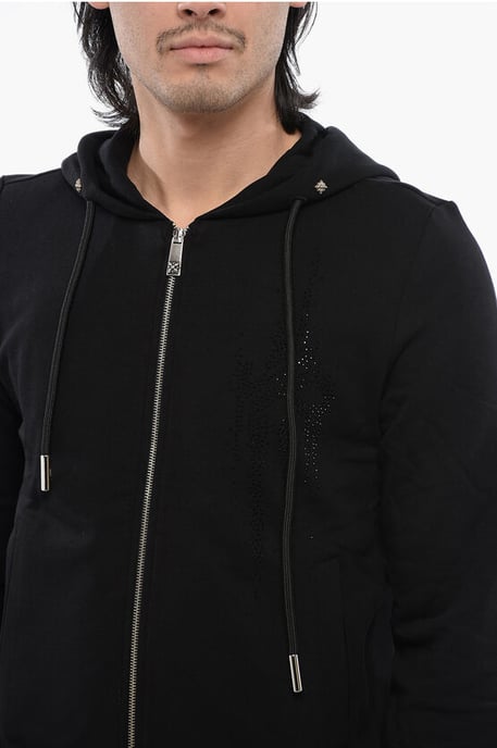 Kapuzenpullover aus gebürsteter Baumwolle mit Reißverschluss und Strass-Tribal in Schwarz - Image 3
