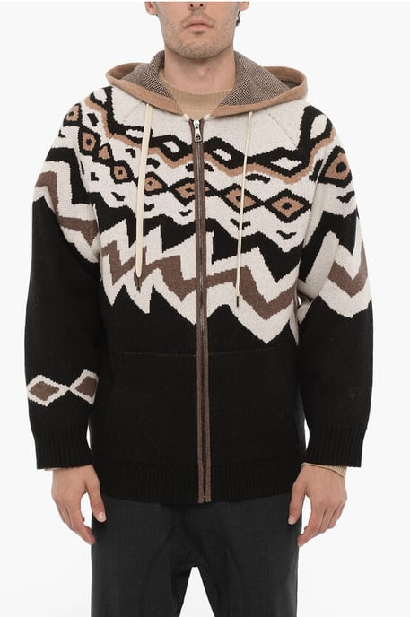 Boxy Fit Wollpullover mit Kapuze in Beige, Nero - Image 1