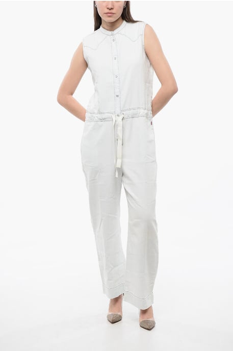 Ärmelloser Jeans-Jumpsuit mit Kordelzug in der Taille in Weiß - Image 1