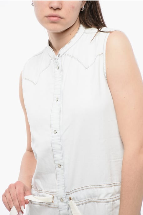 Ärmelloser Jeans-Jumpsuit mit Kordelzug in der Taille in Weiß - Image 3