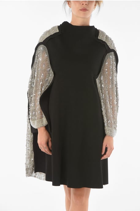 Schwarzes Midikleid mit Pailletten und Perlen an der Rückseite und an den Ärmeln - Image 4