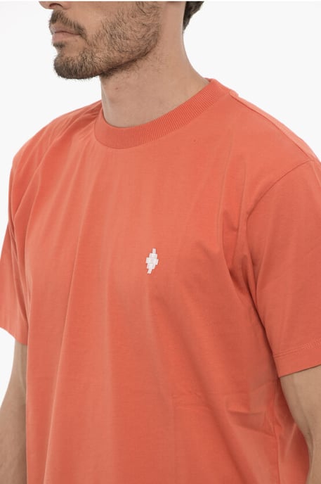 Einfarbiges Rundhals-T-Shirt mit Kreuzstickerei in Orange - Image 3