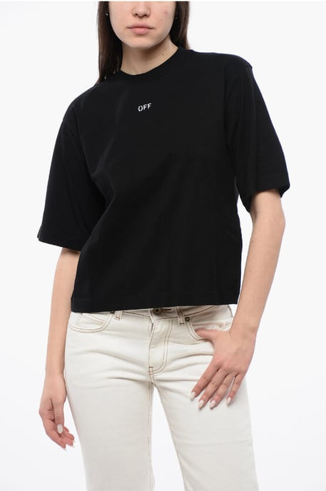 Kurzes T-Shirt mit Rundhalsausschnitt und Maxi-Stickerei auf dem Rücken in Schwarz - Image 1
