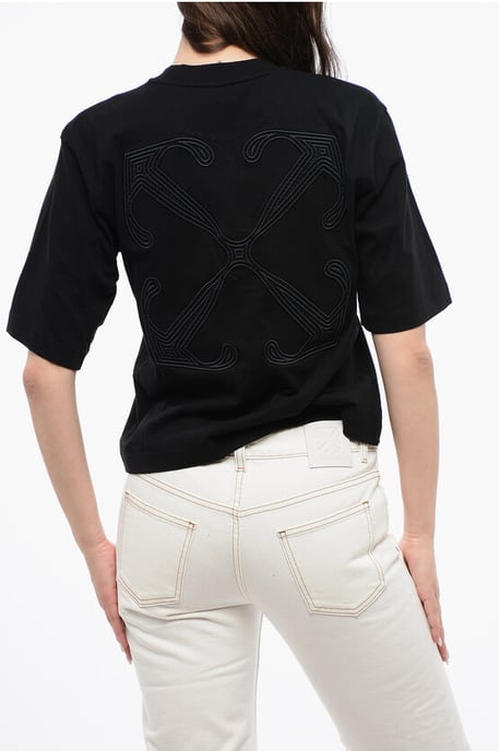 Kurzes T-Shirt mit Rundhalsausschnitt und Maxi-Stickerei auf dem Rücken in Schwarz - Image 2