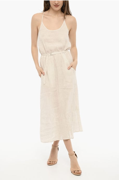 Awning Gestreiftes Leinen-Maxikleid mit Gürtel in Beige, Bianco - Image 1
