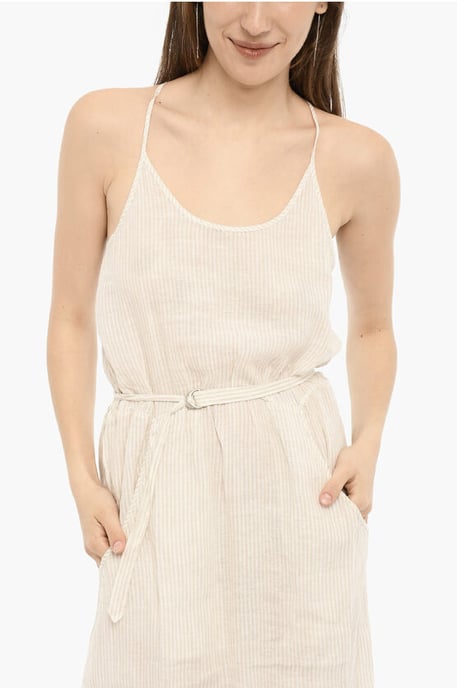 Awning Gestreiftes Leinen-Maxikleid mit Gürtel in Beige, Bianco - Image 3
