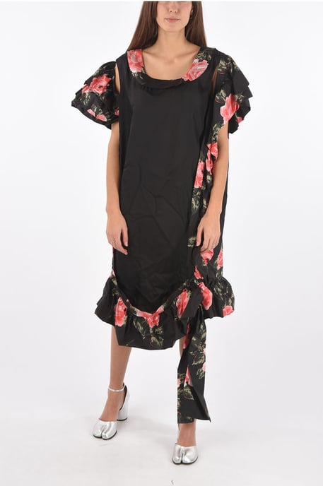 MM0 Maxikleid aus Seide mit Blumenmuster und kalter Schulter in Schwarz - Image 1