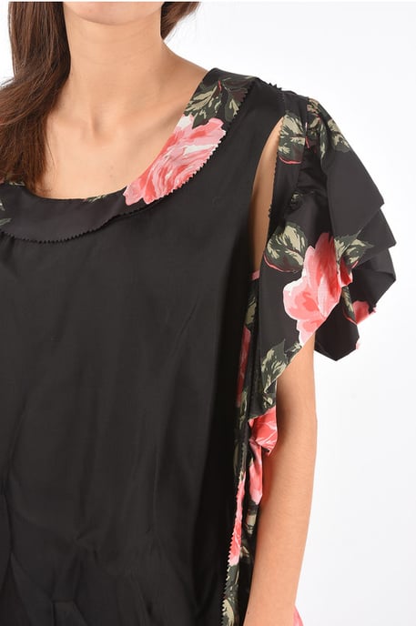 MM0 Maxikleid aus Seide mit Blumenmuster und kalter Schulter in Schwarz - Image 3
