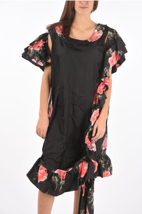 MM0 Maxikleid aus Seide mit Blumenmuster und kalter Schulter in Schwarz - Image 4