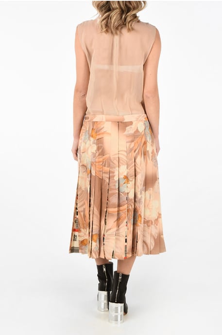 MMO Asymmetrisches Maxikleid aus Seidenmischung mit Blumendruck und Akkordeonmuster in Beige - Image 2