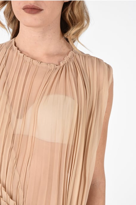 MMO Asymmetrisches Maxikleid aus Seidenmischung mit Blumendruck und Akkordeonmuster in Beige - Image 3