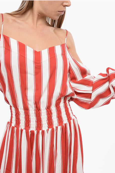 Minikleid aus Viskose mit ausgewogenen Streifen und schulterfreiem Design in Rot - Image 3