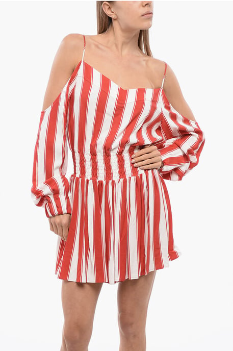 Minikleid aus Viskose mit ausgewogenen Streifen und schulterfreiem Design in Rot - Image 4