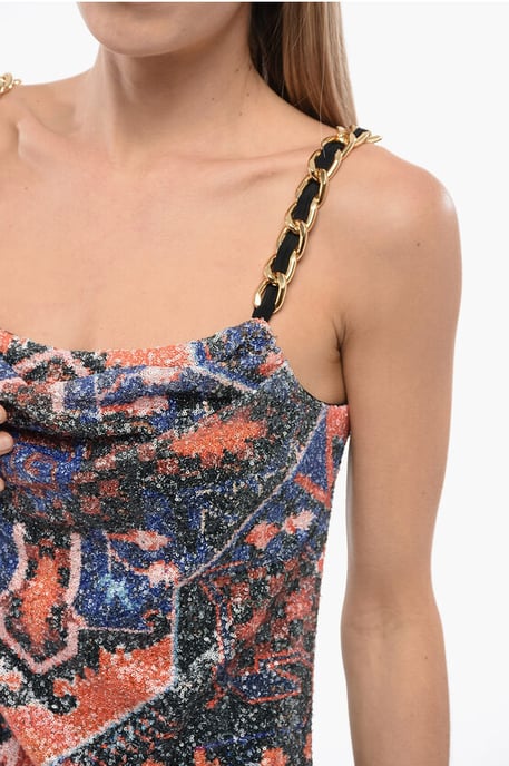 Paillettenkleid mit Ketten und tiefem Schlitz in Orange - Image 3