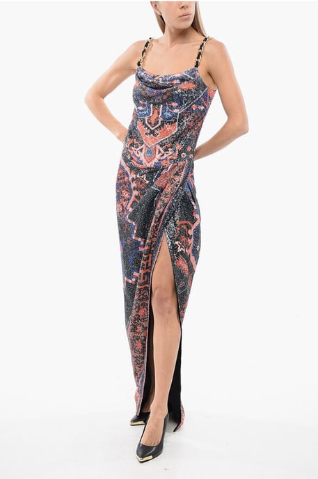 Paillettenkleid mit Ketten und tiefem Schlitz in Orange - Image 4