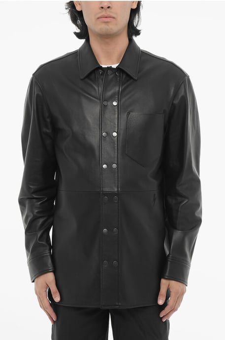 Overshirt aus Leder und Baumwolle mit Knopfleiste vorne in Schwarz - Image 1