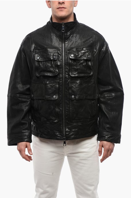 LOOSE WASHED Lederjacke mit vielen Taschen in Schwarz - Image 1