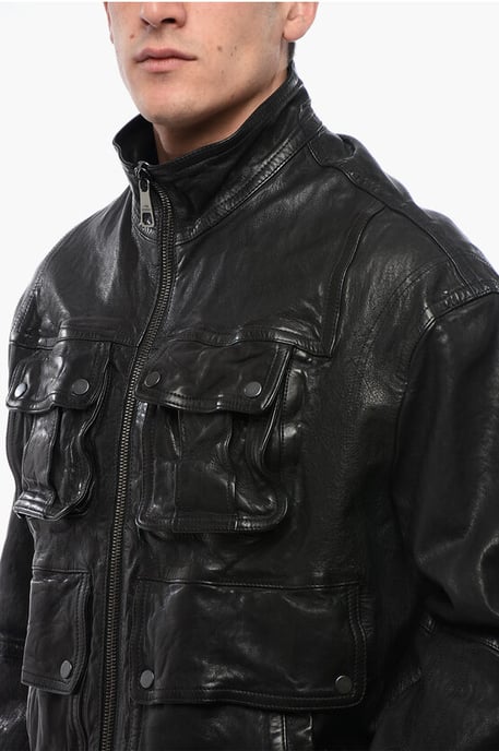 LOOSE WASHED Lederjacke mit vielen Taschen in Schwarz - Image 3