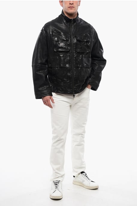 LOOSE WASHED Lederjacke mit vielen Taschen in Schwarz - Image 4