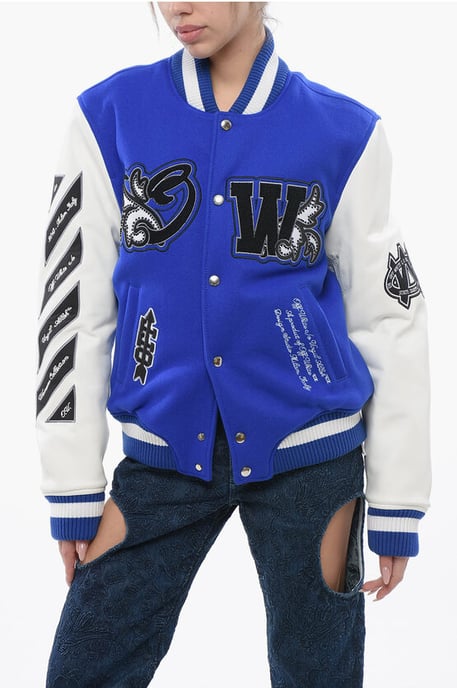 Wattierte ROYAL Bomberjacke mit Lederärmeln und Allover in Blau - Image 1
