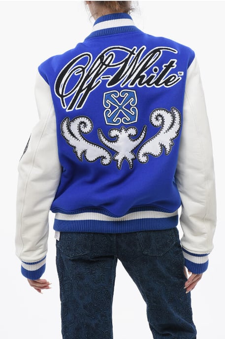 Wattierte ROYAL Bomberjacke mit Lederärmeln und Allover in Blau - Image 2