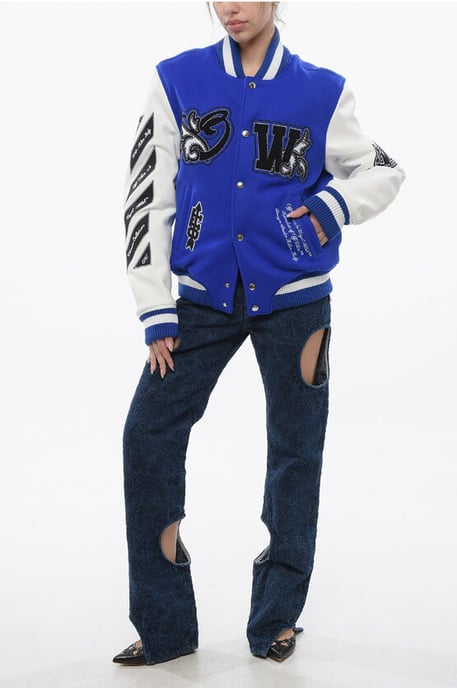 Wattierte ROYAL Bomberjacke mit Lederärmeln und Allover in Blau - Image 4