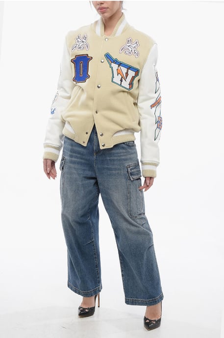 Wattierte THUNDERBOLT Bomberjacke mit Lederärmeln und Al in Beige - Image 4