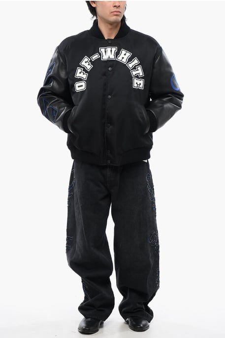 BASEBALL LEA Bomberjacke mit Lederärmeln und Logo-Patch in Schwarz - Image 4