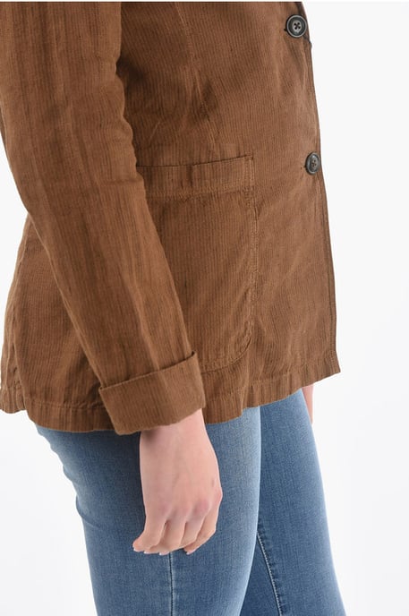 Nadelstreifen-Blazer aus Flachs und Baumwolle mit 2 Knöpfen in Braun - Image 3