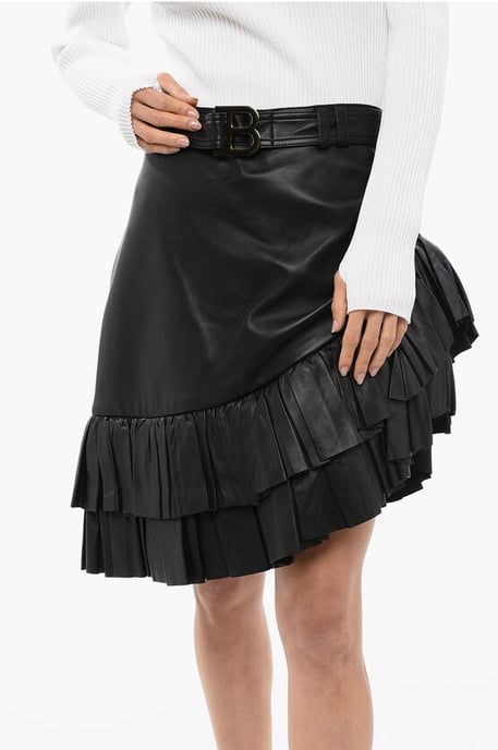 Asymmetrischer Leder-Minirock mit Logo-Gürtel in Schwarz - Image 3