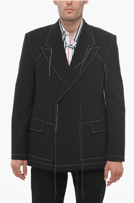 Zweireihiger Blazer aus Wollmischung mit sichtbaren Nähten in Schwarz - Image 1