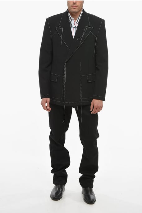Zweireihiger Blazer aus Wollmischung mit sichtbaren Nähten in Schwarz - Image 4