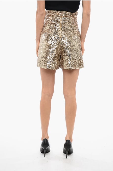 Doppelt plissierte Shorts mit hoher Taille und Pailletten in Gold - Image 2