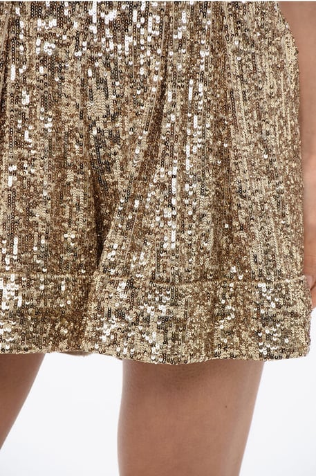 Doppelt plissierte Shorts mit hoher Taille und Pailletten in Gold - Image 3