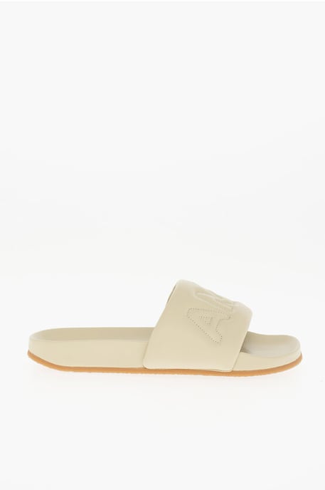 Einfarbige Leder-Slides in Beige - Image 3