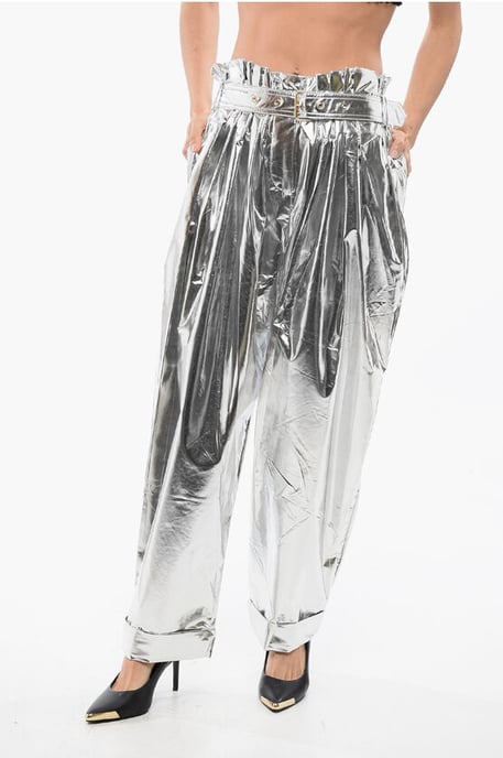 Plissee High Waist Baggy-Fit Hose Metallic-Effekt in Silber - Image 1