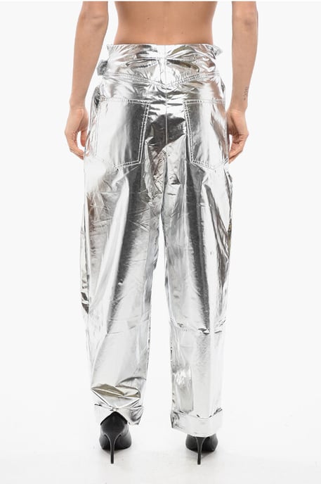 Plissee High Waist Baggy-Fit Hose Metallic-Effekt in Silber - Image 2