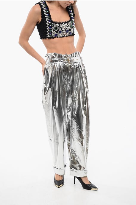 Plissee High Waist Baggy-Fit Hose Metallic-Effekt in Silber - Image 4