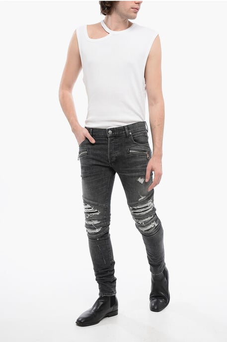 Distressed-Jeans mit mehreren Taschen und Biker-Einsätzen aus Leder 1 in Grau - Image 4