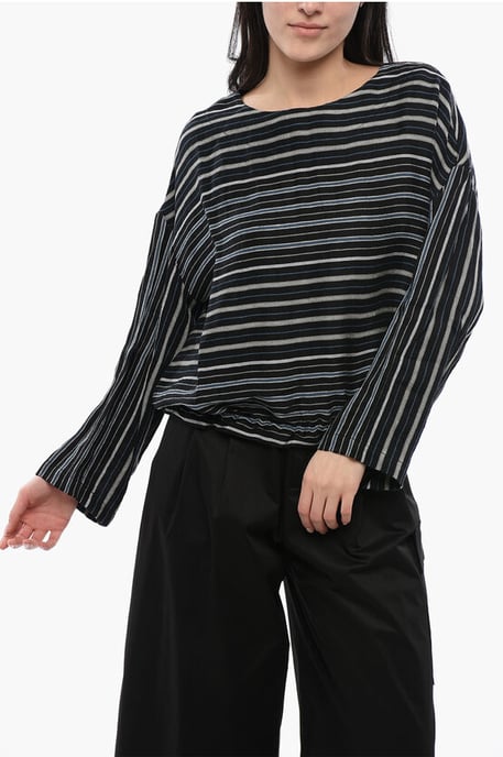 Balanced Stripe VARSITY Bluse aus Leinenmischung in Schwarz - Image 1