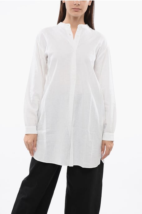 Lange Bluse aus Leinenmischung mit Mandarinkragen in Weiß - Image 1