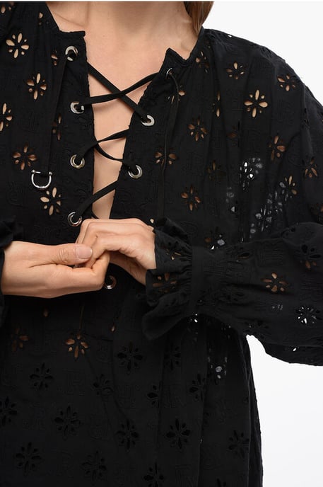 Geschnürte Bluse SBERTOLI mit Broderie Anglaise in Schwarz - Image 3