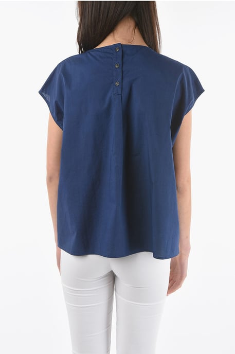 Kurzarm-Popeline-Baumwollbluse in Blau - Image 2