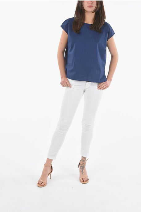Kurzarm-Popeline-Baumwollbluse in Blau - Image 4
