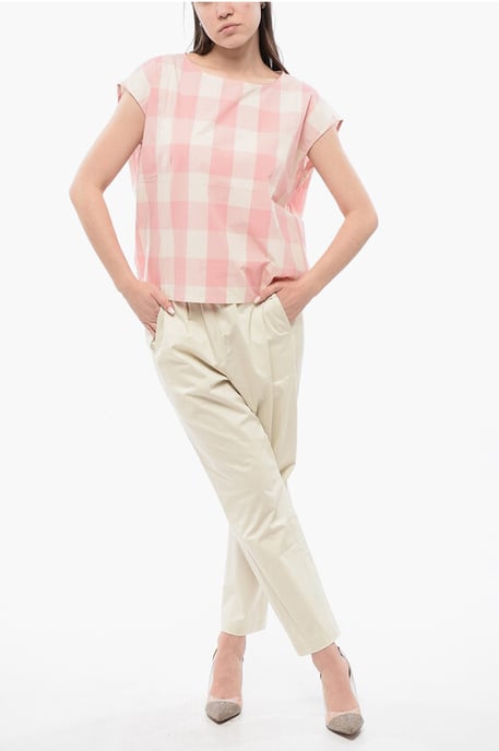 Ärmellose Bluse aus Baumwolle mit Vichy-Karomuster und Kordelzug in Weiß und Rosa - Image 4