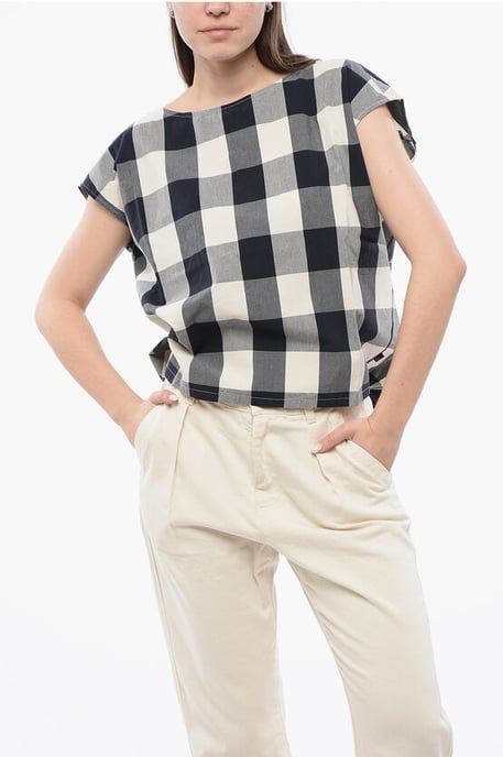 Ärmellose Bluse aus Baumwolle mit Gingham-Muster und Kordelzug in Weiß, Blau und Grau - Image 1